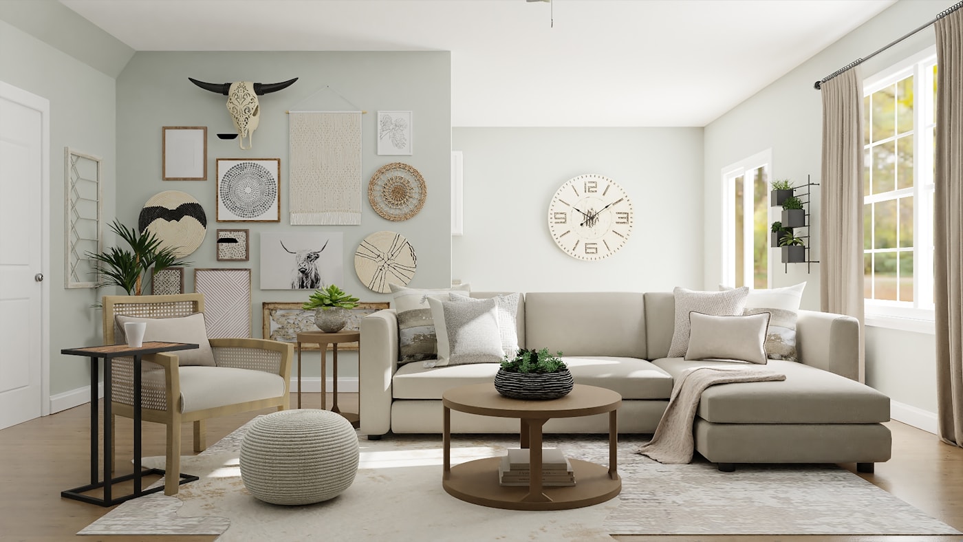 Warm, lived-in apartment living room with practical furnishings