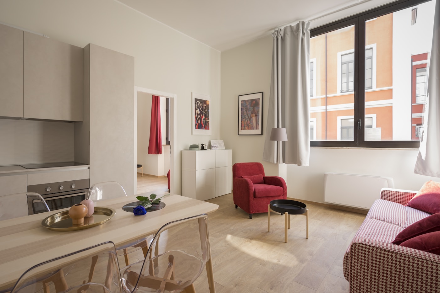 Calm apartment interior with practical furniture