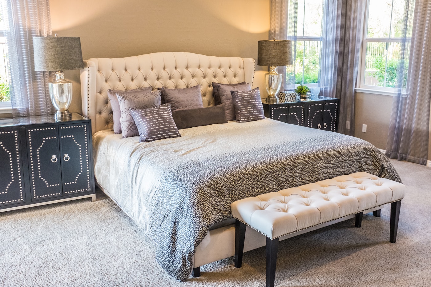 A practical bed & bath scene in a lived-in home