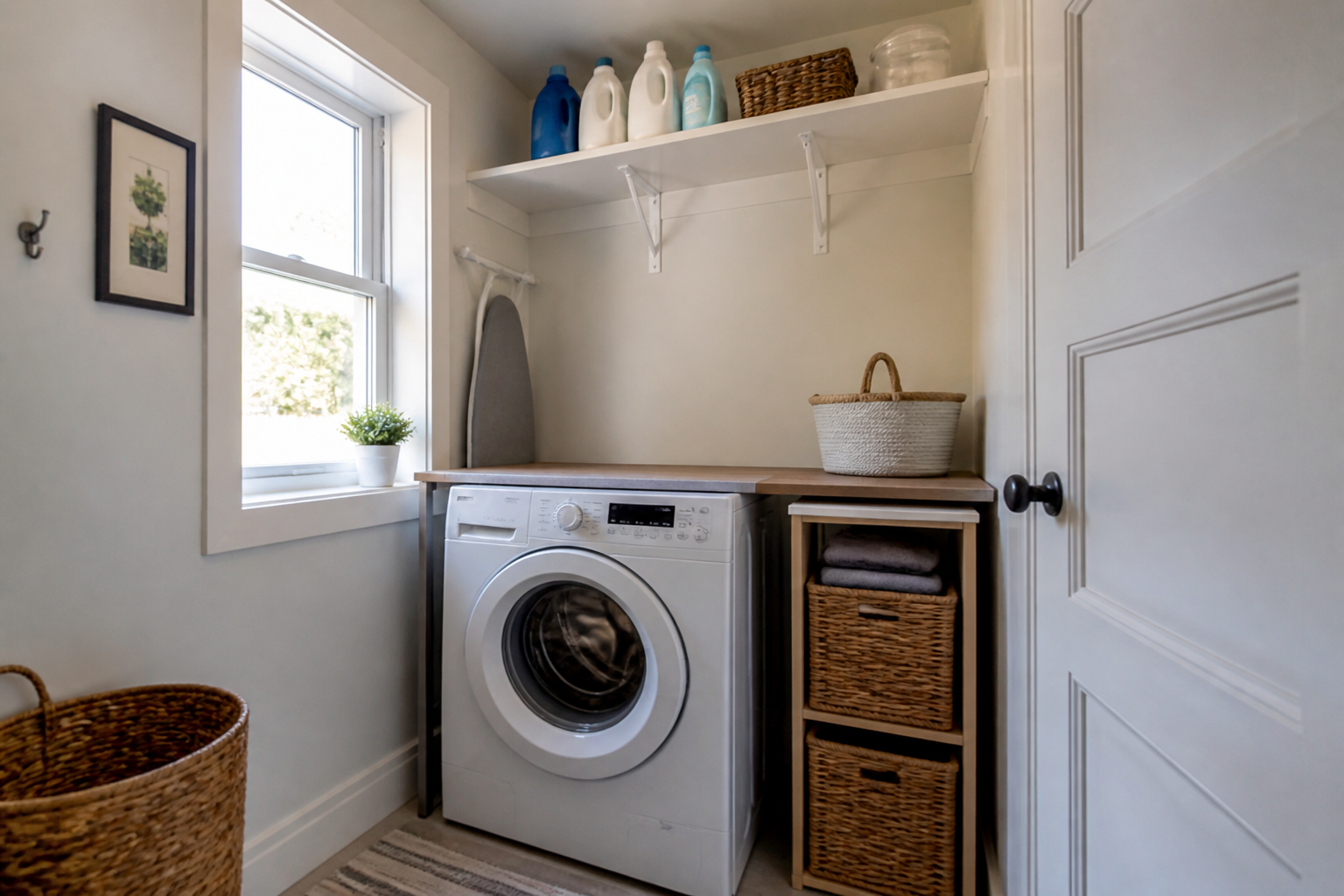 A practical cleaning & laundry scene in a lived-in home
